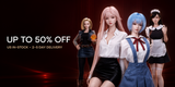 JYDoll North America in-stock sale featuring select silicone anime figures, up to 50% off