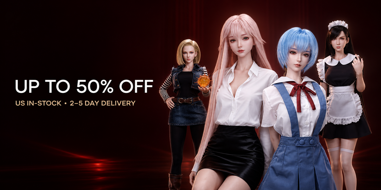 JYDoll North America in-stock sale featuring select silicone anime figures, up to 50% off